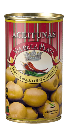 Spanien grüne Oliven mit Pepperoni scharf Aceitunas Rellenas de Guindilla 350g Dose